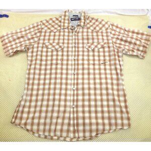 Billabong Short Sleeve Plaid Peral Snap Button Down Shirt Slim Fit Tan White Red